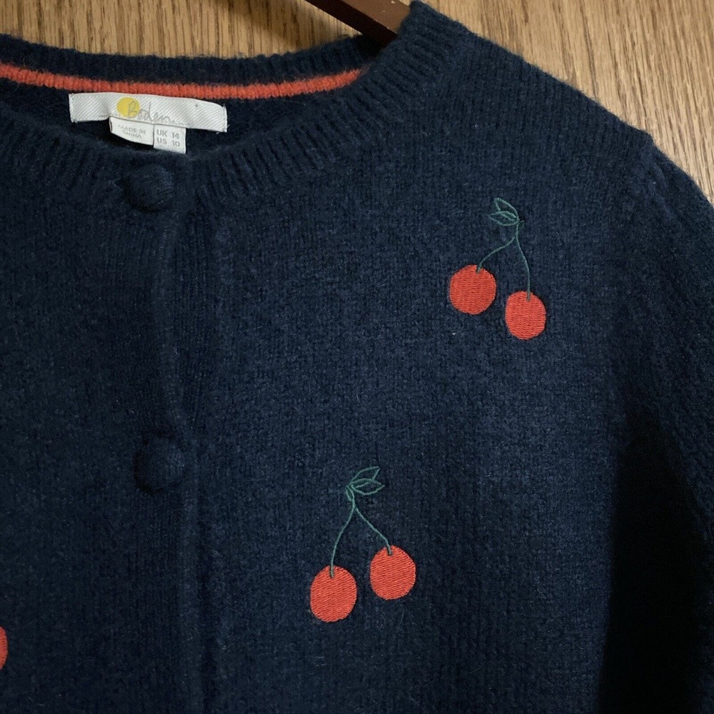 BODEN Sweater 8 Alpaca Wool Blend Cherry Embroidered Button Up Blue Sz 10 - Picture 4 of 6